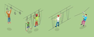 Halat Parkı 'nın 3D Isometric Düz Vektör İllüstrasyonu, Yetişkinler ve Çocuklar için Eğlence Faaliyetleri