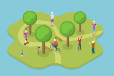 3D Isometric Düz Vektör Yaşlılar Etkinliğinin Kavramsal İllüstrasyonu, Yaşlılar Egzersiz, Yürüyüş ve Yürüyüş