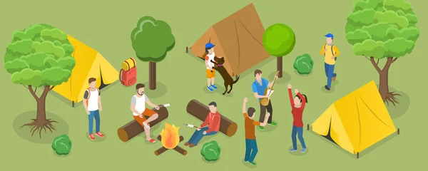 Isometrischer Flacher Vektor Konzeptionelle Illustration Des Touristischen Sommercamps Camper Touristen — Stockvektor