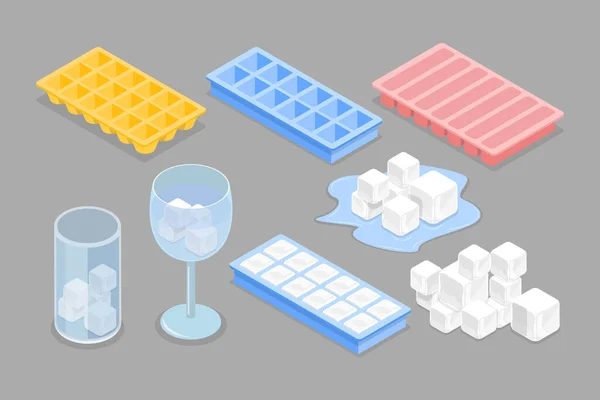 Ізометричний Плоский Векторний Набір Кубиків Льоду Коктейлів Пластикові Лотки — стоковий вектор