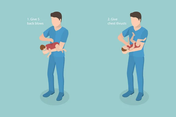 Ilustração Conceitual Vetor Plano Isométrico Engasgar Primeiros Socorros Bebê Procedimento — Vetor de Stock