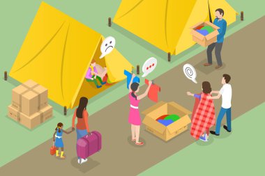 3D Isometric Flat Vektör Mülteci Kampı, Gönüllü ve Sosyal Hizmetlerin Kavramsal Resmedilmesi