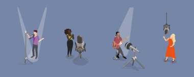 3 Boyutlu Isometric Flat Vektör Yetenekli Şarkıcılar, Yaratıcı Hobi, Sesli Rekreasyon