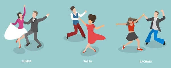 Isometrisk Platt Vektor Uppsättning Dansande Människor Salsa Rumba Och Bachata — Stock vektor