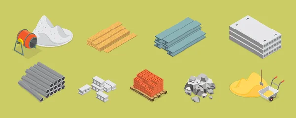 3Dアイソメトリックフラットベクトル建築材料のセット 砂の山 レンガ コンクリートミキサー — ストックベクタ