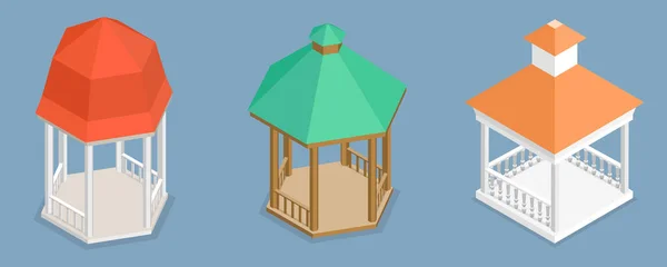Isometrischer Flacher Vektorsatz Von Pavillons Oder Pavillons Elementen Des Parkbereichs — Stockvektor