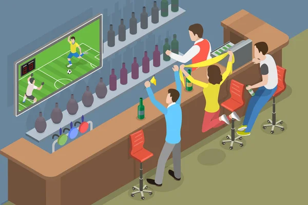 Isometric Flat Vector Conceptual Illustration Football Fans Pub Friends Watching — Stock Vector