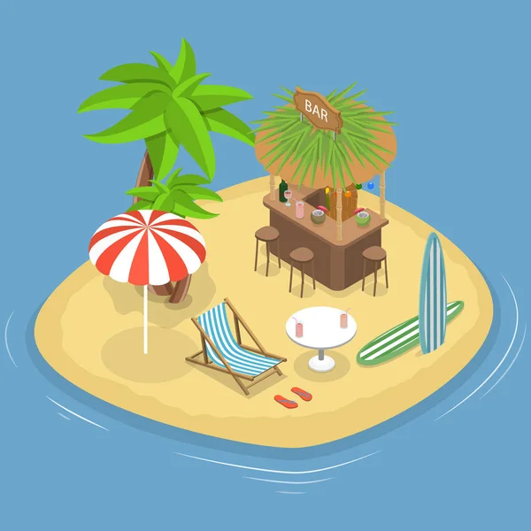 Tiki酒吧 热带海滩餐厅或咖啡店的3D等距平面矢量概念图 — 图库矢量图片