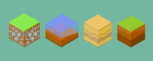 Isometric Flat Vector Set Different Soil Layers Textured Ground Surfaces — Stockový vektor