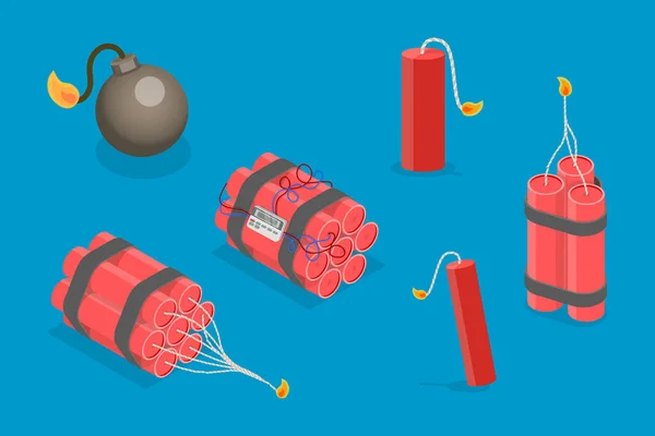 Isometric Flat Vector Set Bombs Dynamites Red Stick Fuse Detonating — Stock Vector