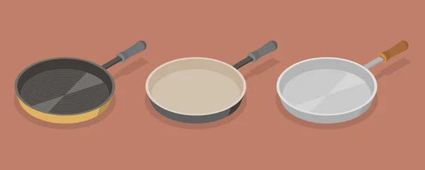 Isometric Flat Vector Set Frying Pans Kitchen Items Cooking — 스톡 벡터