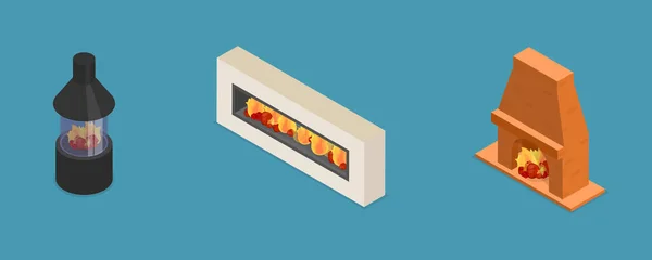 Isometric Flat Vector Set Fireplaces Firewood Heat Systems — стоковий вектор