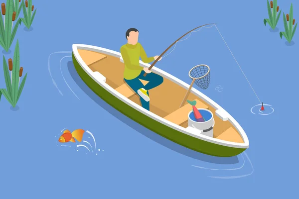 ボートからの釣りの3Dアイソメトリックフラットベクトル概念イラスト 夏休み時間 — ストックベクタ
