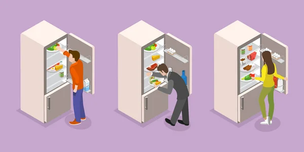 用三维等距平面矢量集的食物在冰箱中 人们被检查冰箱 — 图库矢量图片