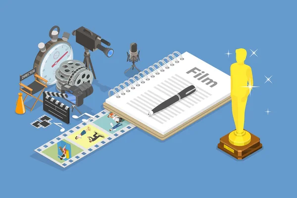 Conjunto Vetores Planos Isométricos Oscar Filmmaking Cinematografia —  Vetores de Stock