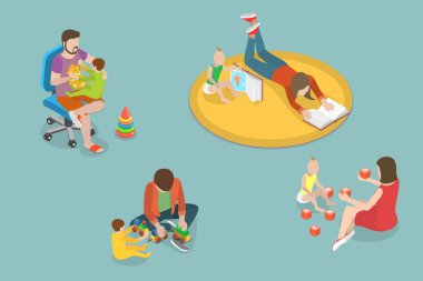 3D Isometric Flat Vektör Çocuklar, Aileler ve Çocuklarıyla Oynamanın Kavramsal İllüzyonu İyi Zaman Geçiriyor