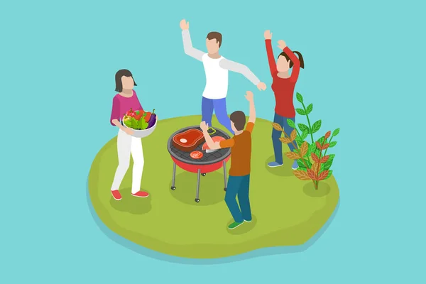 Isometric Flat Vector Conceptual Illustration Barbecue Party People Grilling Food — стоковий вектор