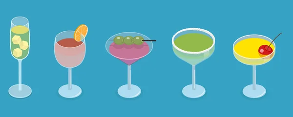 Ensemble Vectoriel Plat Isométrique Cocktails Boissons Dans Différents Types Verres — Image vectorielle