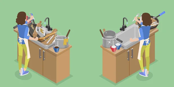 Illustrazione Concettuale Del Vettore Piatto Isometrico Cucina Disordinata Pulita Posate — Vettoriale Stock