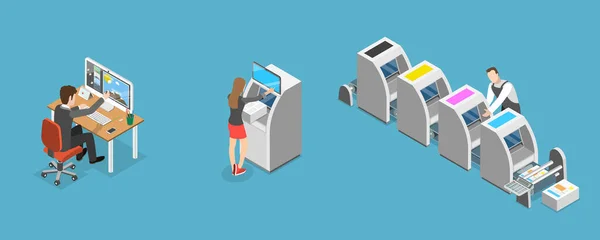Isometric Flat Vector Conceptual Illustration Polygraphy Printing Press Production — 스톡 벡터