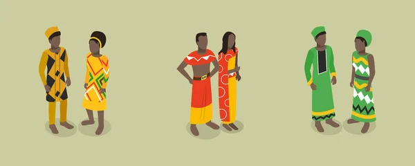 Isométrico Plano Vector Conjunto Roupa Africana Homens Mulheres Roupas Nacionais — Vetor de Stock