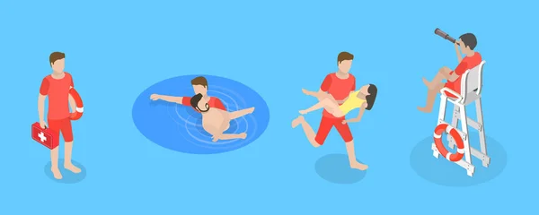 泳滩救生员 水上救援的三维等距平面矢量概念图 — 图库矢量图片