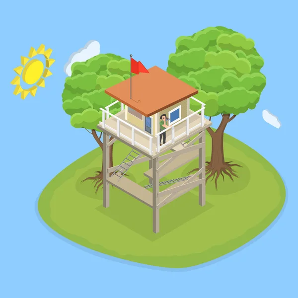 Isometric Flat Vector Conceptual Illustration Fire Watch Tower Military Camp — Stockový vektor