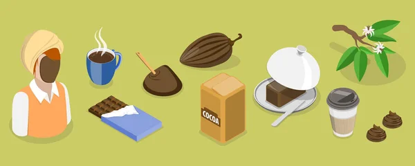 Изометрический Векторный Набор Какао Сушеные Бобы Напитки Масло Шоколадная Плитка — стоковый вектор
