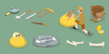 3D Isometric Düz Vektör Arkeoloji Ekipmanı, Arkeolojik Kazı