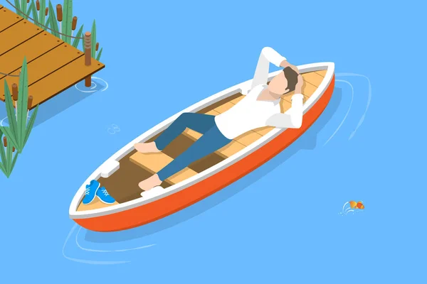 3Dアイソメトリックフラットベクトル ボートの上に横たわるリラックスの概念的なイラスト アクティブライフスタイルとレクリエーション — ストックベクタ