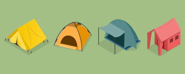 Izometrikus Lapos Vektor Készlet Camping Travel Sátrak Outing Equipment — Stock Vector