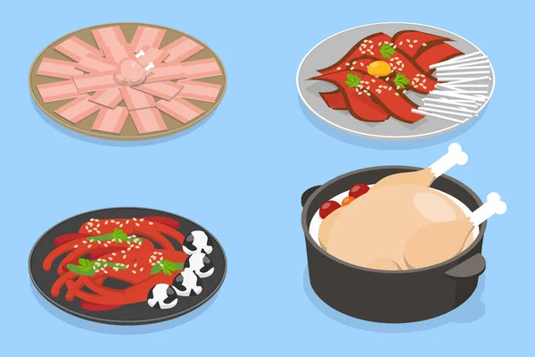 Isometric Flat Vector Set Korean Food Asian Cuisine — 스톡 벡터