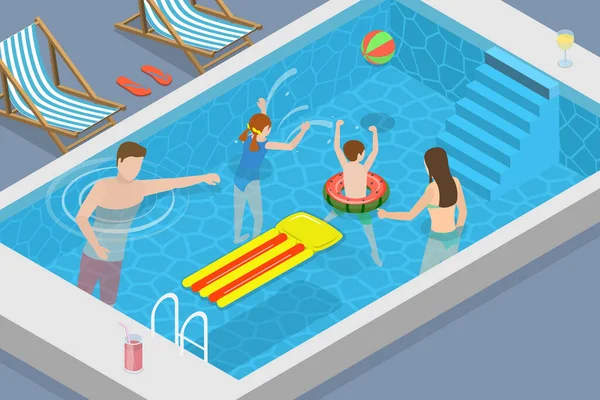 Isometric Flat Vector Conceptual Illustration Family Pool Time Summer Vacation — 스톡 벡터