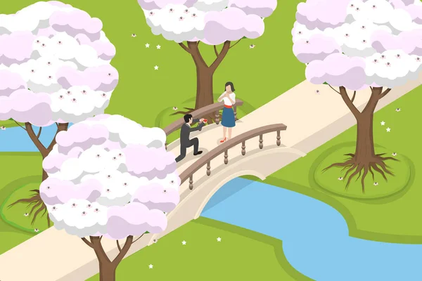 3Dアイソメトリックフラットベクターコンセプチュアルな桜のイラスト 橋の上を歩くカップル — ストックベクタ