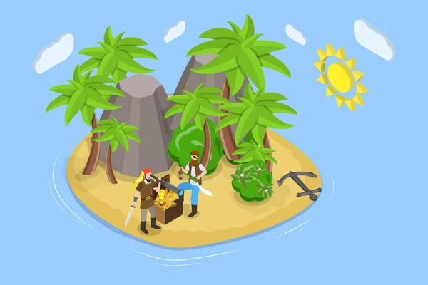 3Dアイソメトリックフラットベクトル海賊宝島の概念イラスト ヤシの木と熱帯ビーチ — ストックベクタ