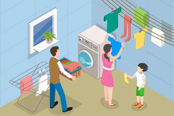 Illustration Conceptuelle Vecteur Plat Isométrique Journée Blanchisserie Familiale Tâches Domestiques — Image vectorielle