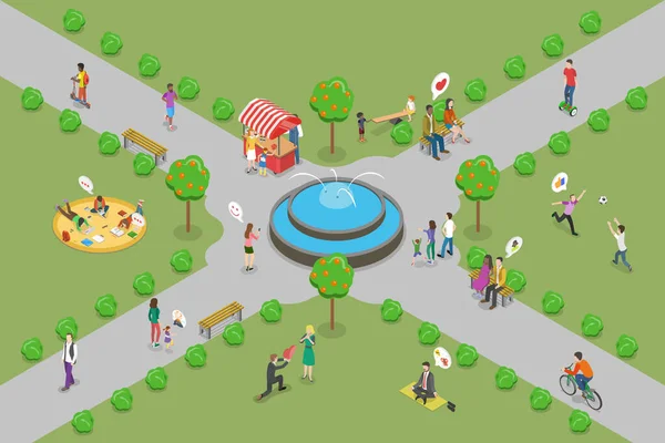 Isometrischer Flacher Vektor Konzeptuelle Illustration Des Stadtparks Sommeraktivitäten Freien — Stockvektor