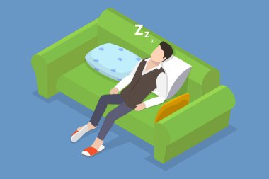 3D Isometric Düz Vektör Uyuyan Sarhoş Adam, Yorgunluk ya da Depresyon Çizimi