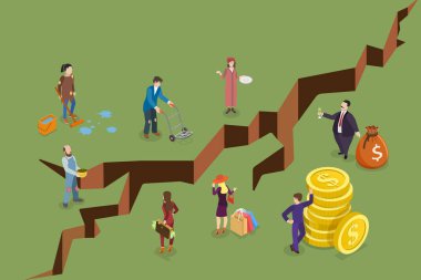 3D Isometric Flat Vektör Sosyal Eşitsizliğin Kavramsal İllüstrasyonu, Farklı Sınıflardaki İnsanlar Arasındaki Finansal Boşluk