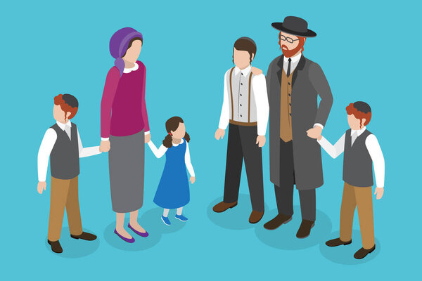 3D Isometric Flat Vector Set of Jewish Family, Orthodox Jews