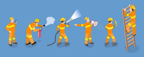 3D等距平面矢量消防员特征集 紧急救援 — 图库矢量图片
