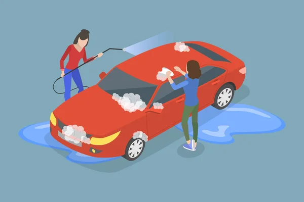 3Dアイソメトリックフラットベクトル概念図洗車サービス 車両清掃ステーション — ストックベクタ