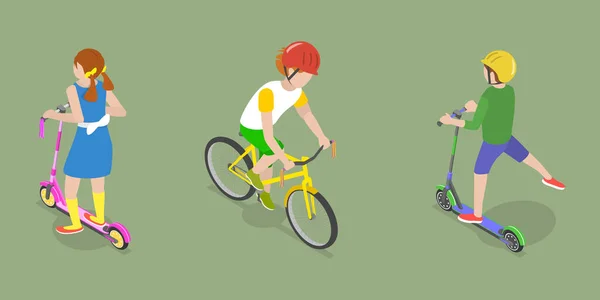 Isometric Flat Vector Conceptual Illustration Happy Children Outdoor Recreation Sport — Stock Vector
