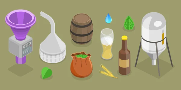Изометрический Плоский Векторный Набор Элементов Производства Пива Алкогольная Промышленность — стоковый вектор