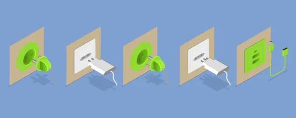 Isometric Flat Vector Set Electric Sockets Plugs Energy Outlet — Stockový vektor