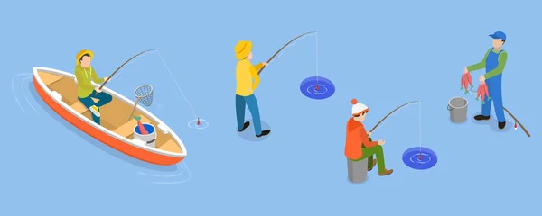 Set Vettoriali Piatti Isometrici Pescatori Hobby Attività Ricreative — Vettoriale Stock