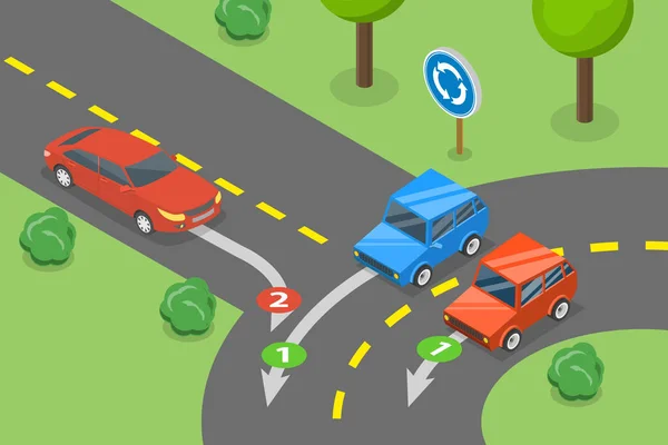 Ισομετρική Επίπεδη Διανυσματική Απεικόνιση Των Κανόνων Ρύθμισης Της Κυκλοφορίας Roundabout — Διανυσματικό Αρχείο