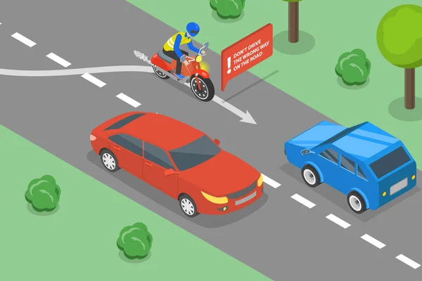 3Dアイソメトリックフラットベクトル安全運転の概念イラスト 道路上の間違った道を運転しないでください — ストックベクタ