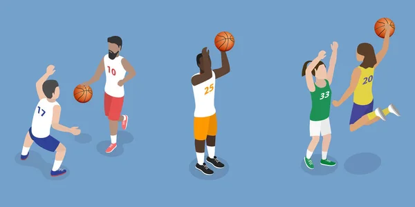 篮球运动员的三维等距平面矢量集 各种姿势 — 图库矢量图片
