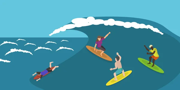 Ισομετρική Επίπεδη Διανυσματική Εννοιολογική Απεικόνιση Του Surfing Καλοκαιρινή Θαλάσσια Δραστηριότητα — Διανυσματικό Αρχείο